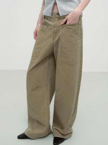 RUN TO THE FUTURE Washed Cotton Khaki Cargo Pockets Loose Mid Rise Zip Fly Casual Straight Pants