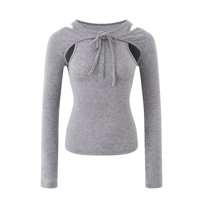 RUN TO THE FUTURE Lyocell Wool Slim Fit Cutout Vintage Commuter Ladies Black Long Sleeve T-Shirts