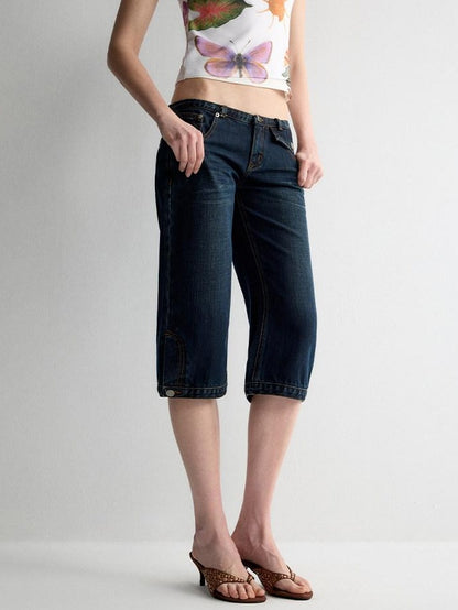 RUN TO THE FUTURE Durable Vintage Deep Blue Casual Low Rise Straight Fit Zipper Denim Shorts