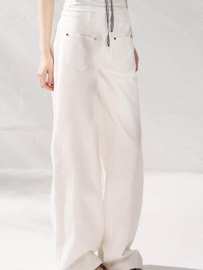 7Shiftin Button Front Natural Waist Casual White Flowy Wide Leg Pants