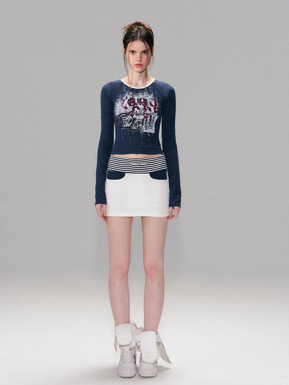 The NeverMore Cotton Blend Letter Print American Slim Fit Cropped Women Long Sleeve T-Shirts