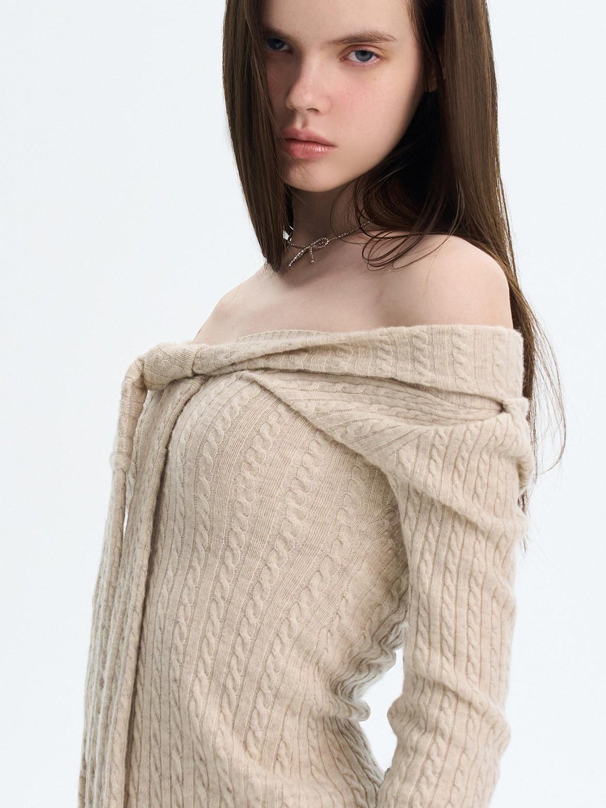 The NeverMore Khaki Wool Blend Slim Fit Layered Tie Detail Off Shoulder Pullover Sweaters