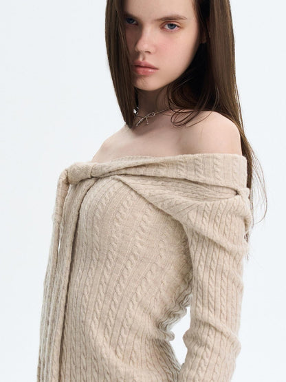 The NeverMore Khaki Wool Blend Slim Fit Layered Tie Detail Off Shoulder Pullover Sweaters