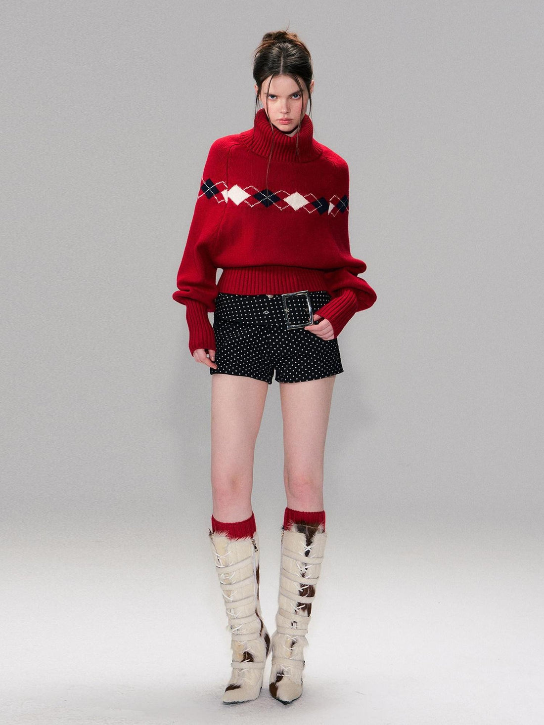 The NeverMore Warm Wool Pullover Vintage Jacquard Cape Batwing Women High Neck Red Sweaters
