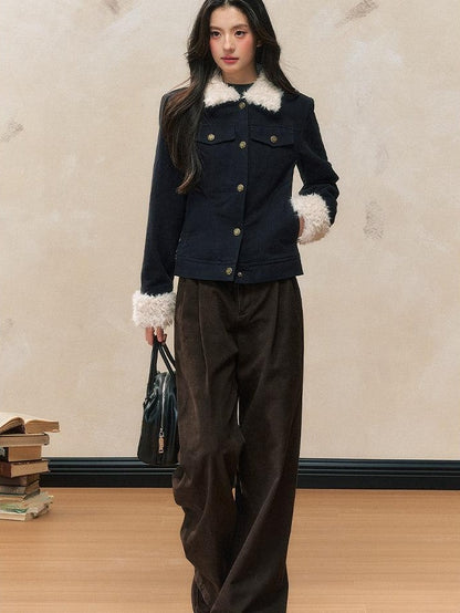 7Shiftin Warm Versatile Slim Fit Navy Button Lapel Short Women Fashion Cropped Jackets