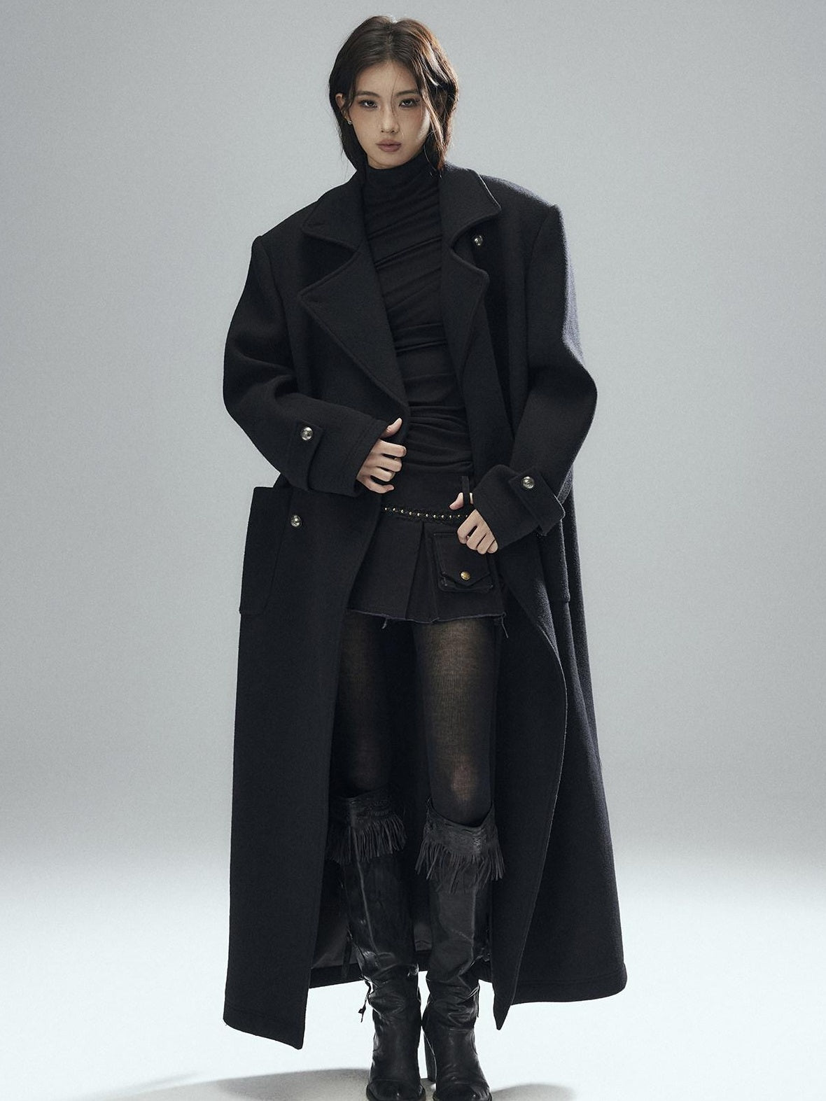 Low pixel Warm Wool Blend Street Oversized Double Breasted Notch Collar Black Wool Coats