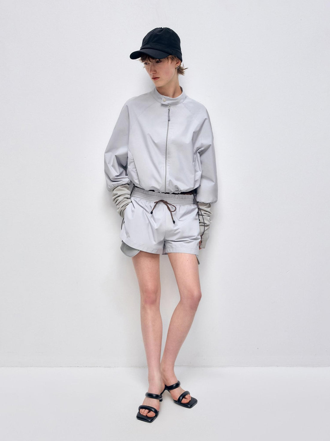 RUN TO THE FUTURE Polyester Two Piece Zip Stand Collar Casual Women Navy Green Short Trousers