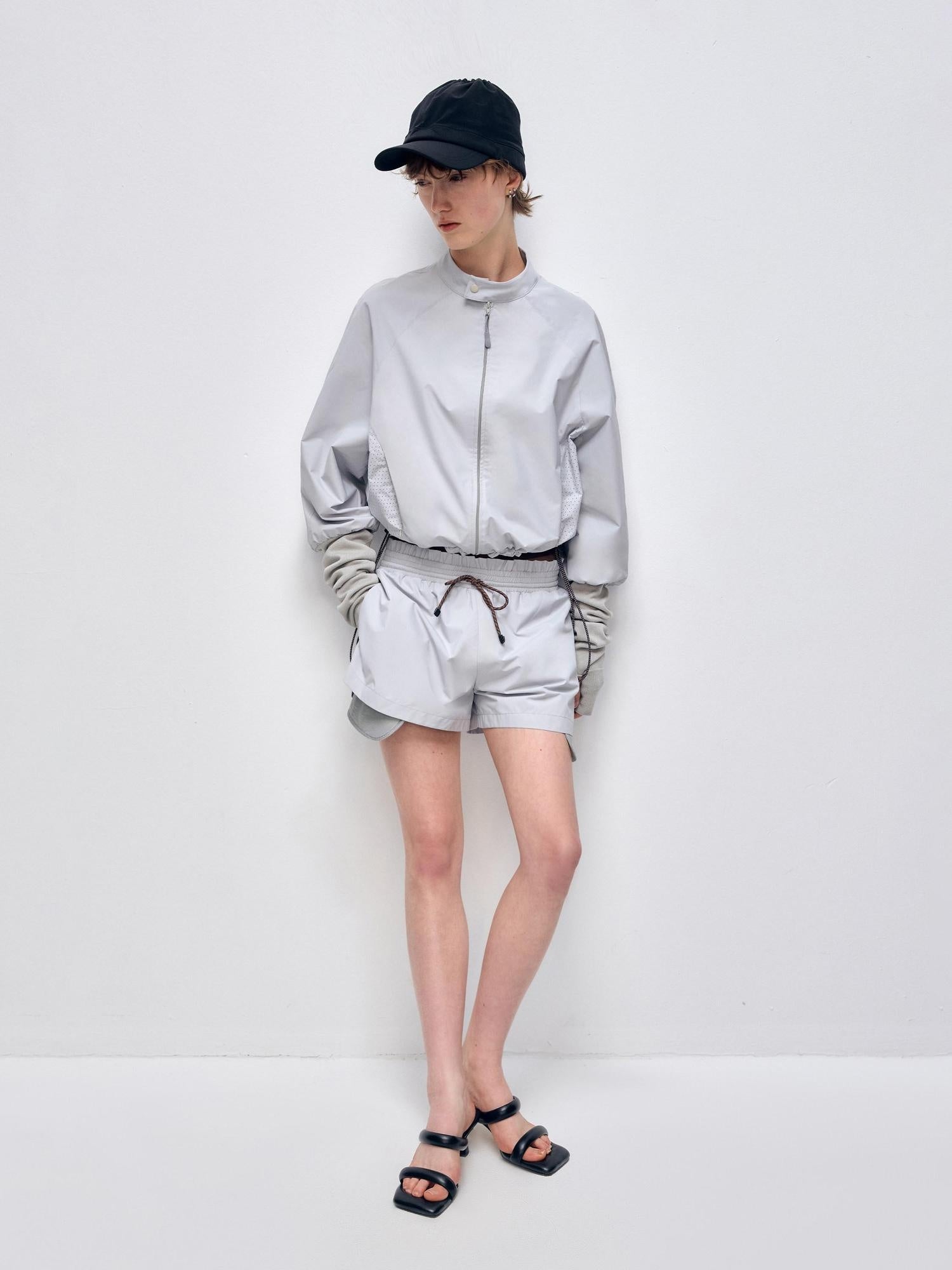 RUN TO THE FUTURE Polyester Two Piece Zip Stand Collar Casual Women Navy Green Short Trousers