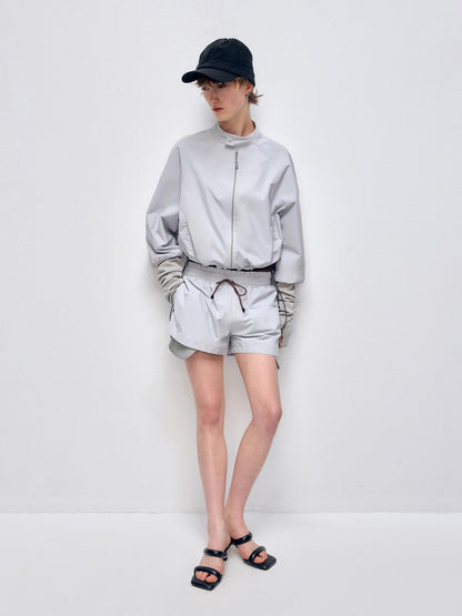 RUN TO THE FUTURE Polyester Two Piece Zip Stand Collar Casual Women Navy Green Short Trousers