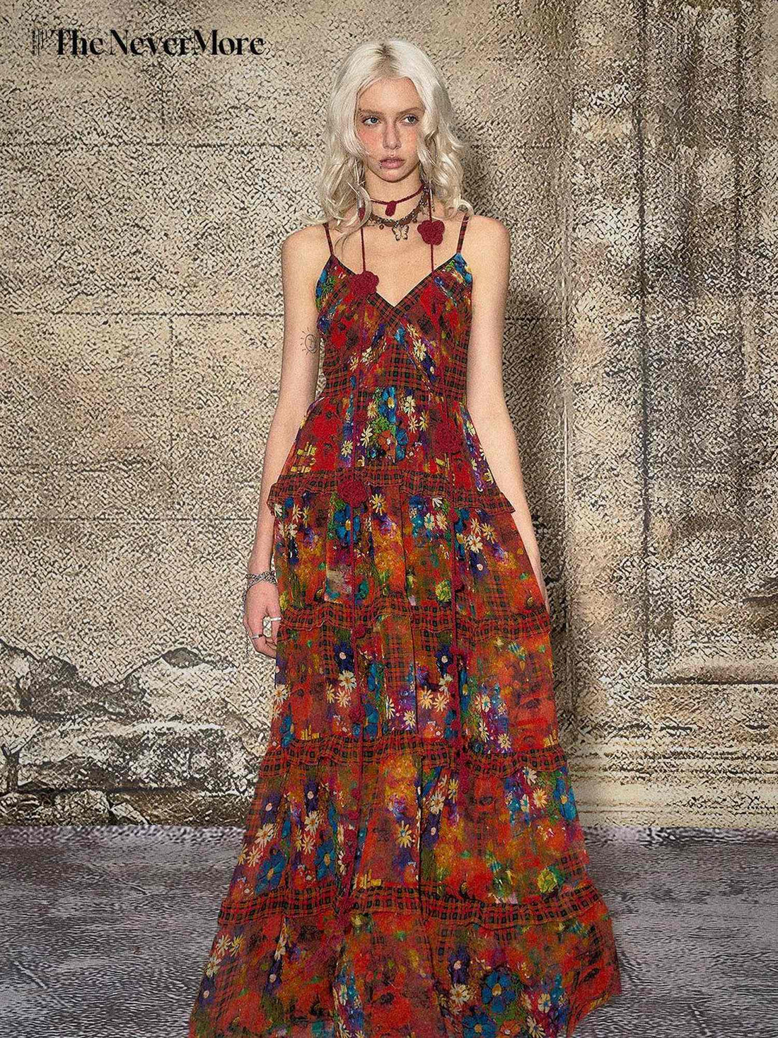 The NeverMore Vintage High Waist A Line Sleeveless V-neck Travel Polyester Maxi Dresses