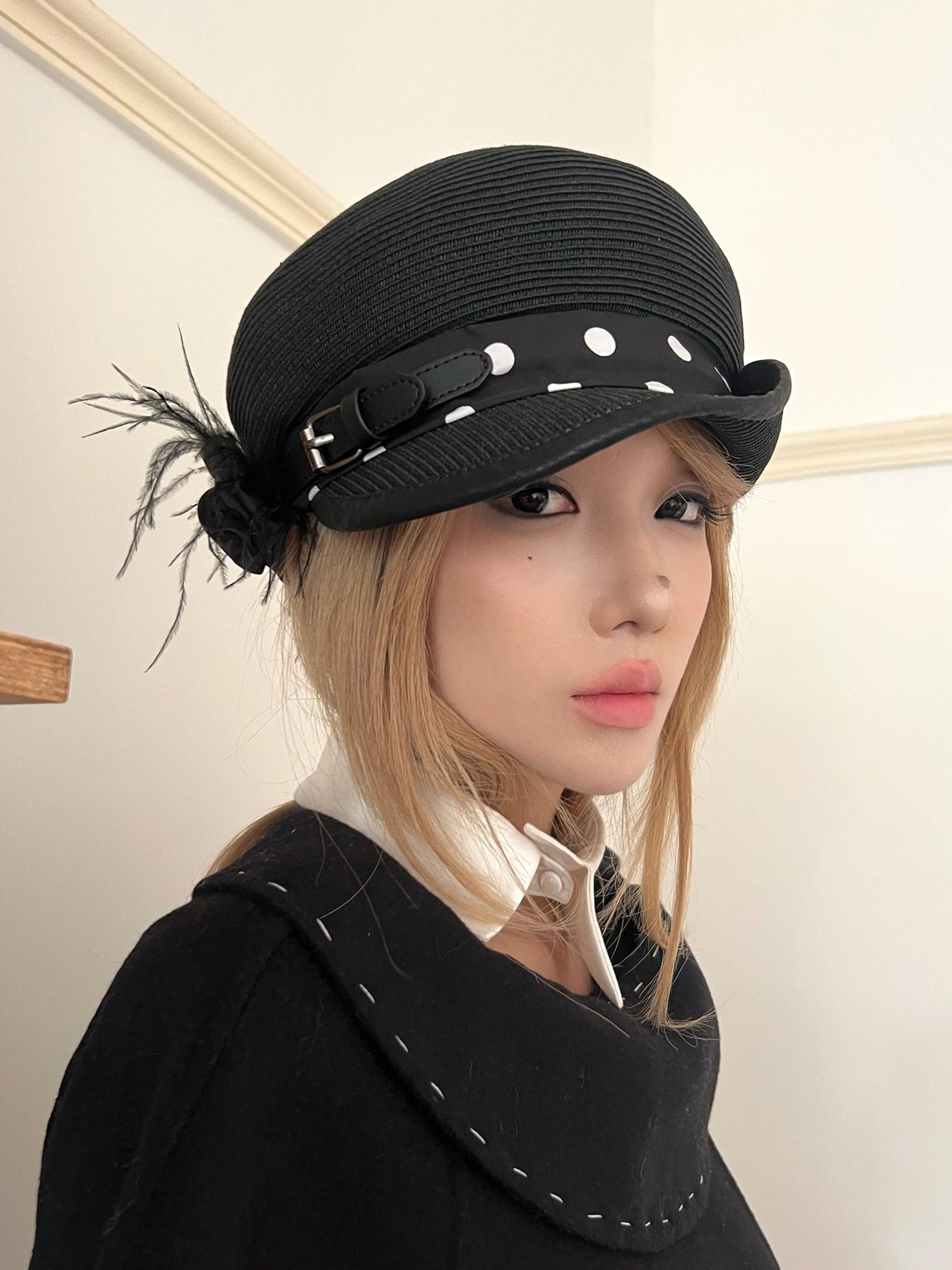 nit alcove Recycled Fiber Casual Straw Polka Dot Adjustable Unisex Black Hats