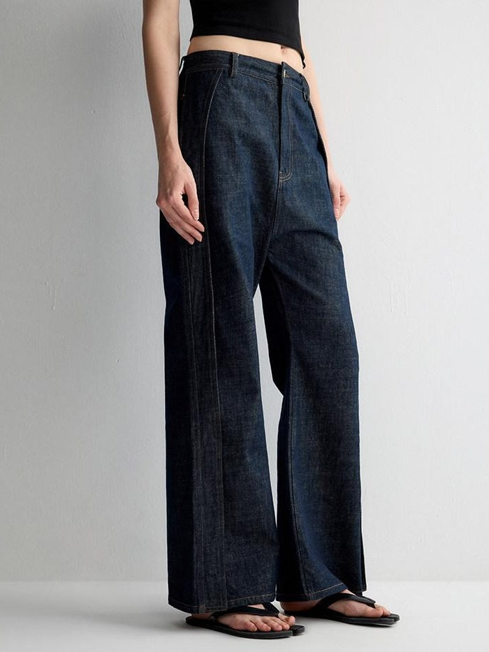 RUN TO THE FUTURE Durable Washed Casual Low Rise Wide Leg Dark Denim Flare Jeans