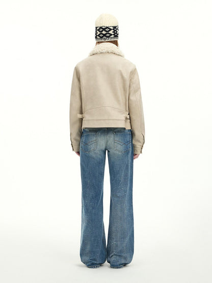 RUN TO THE FUTURE Washed Embroidered Low Rise Straight Cotton Button Fly Women Blue Wide-Leg Jeans