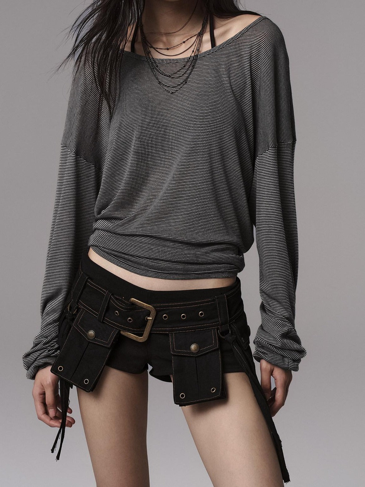 Low pixel Lyocell Blend Goth Fitted V-neck Striped Women Long Sleeve Crop Tops