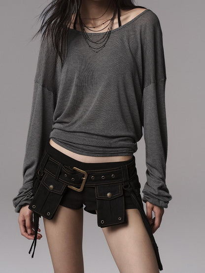Low pixel Lyocell Blend Goth Fitted V-neck Striped Women Long Sleeve Crop Tops