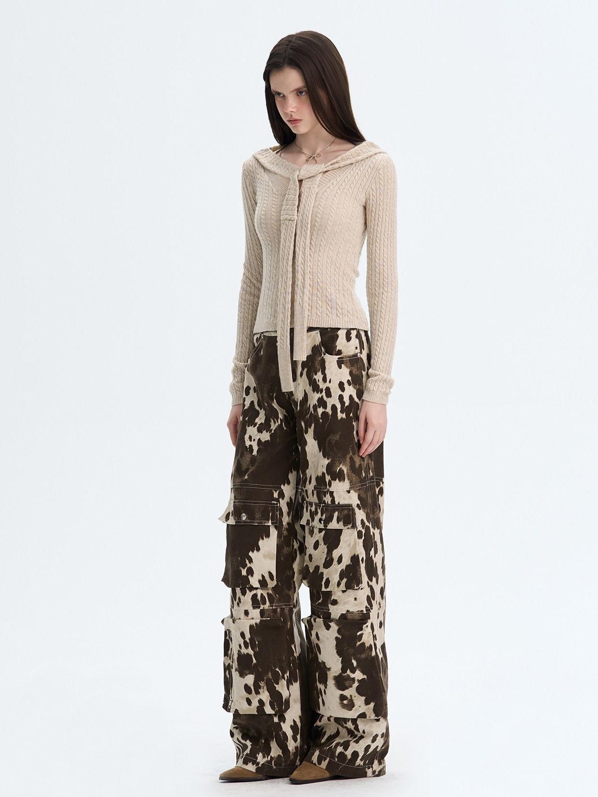 The NeverMore Khaki Wool Blend Slim Fit Layered Tie Detail Off Shoulder Pullover Sweaters