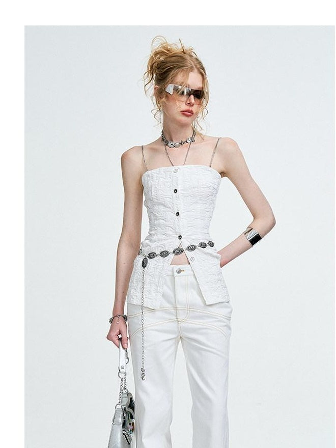 The NeverMore 3D Chain Ruffle Button Original Slim Fit Cotton Blend Solid White Camisoles