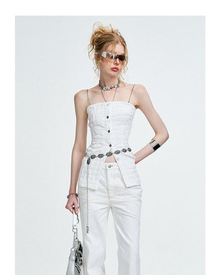 The NeverMore 3D Chain Ruffle Button Original Slim Fit Cotton Blend Solid White Camisoles