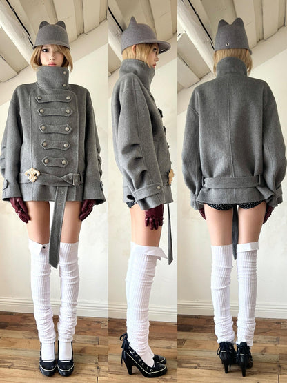 nit alcove Warm Wool Blend Pleated Biker Collar Unisex Double Breasted Cropped Wool Coats