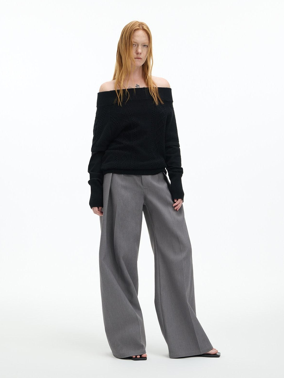 RUN TO THE FUTURE Low Rise Jacquard Minimal Casual Women Light Heather Gray Wide-Leg Pants