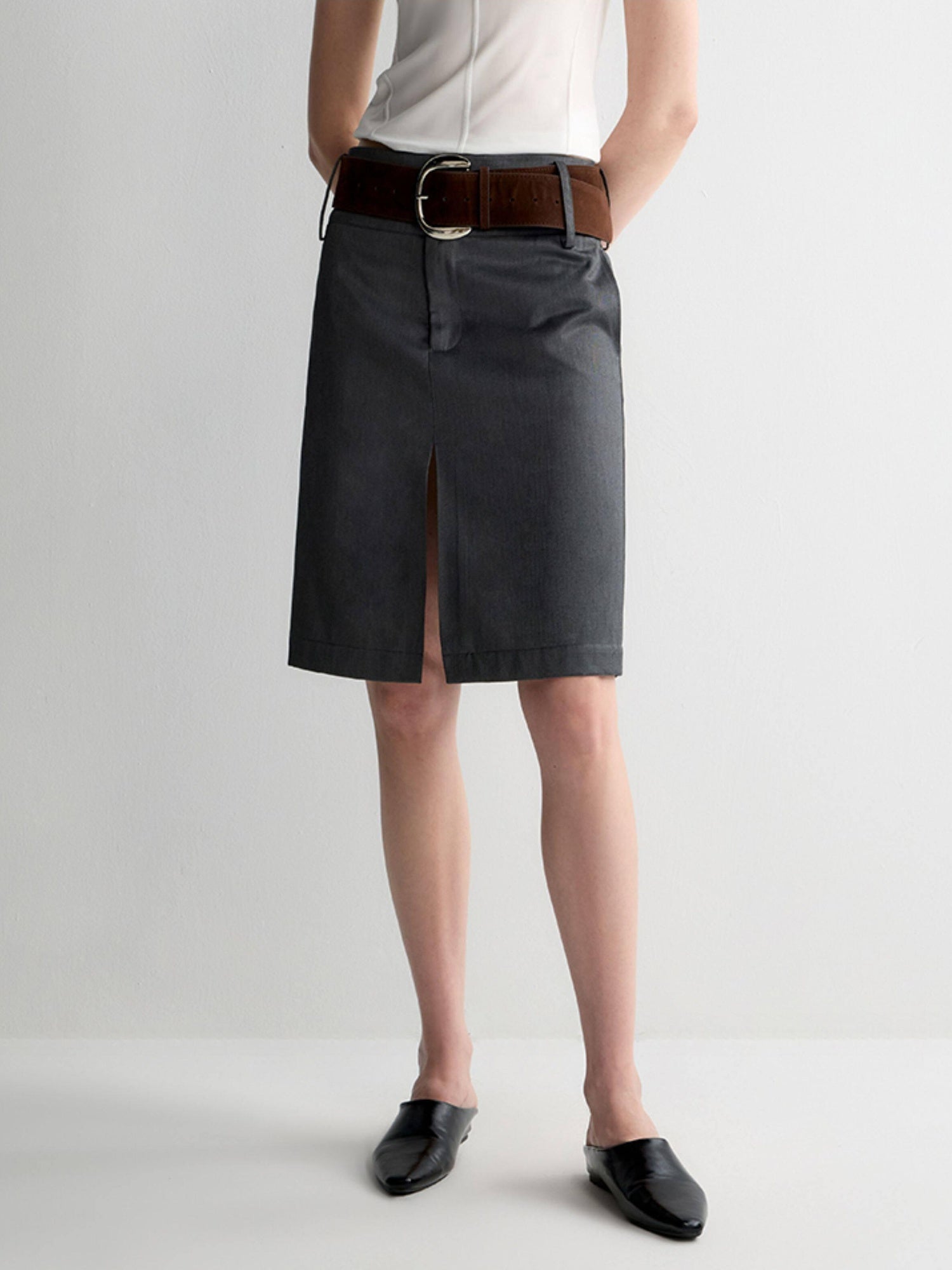 RUN TO THE FUTURE Lined Wool Blend Low Waist Pockets Vintage Office H Silhouette Midi Skirts