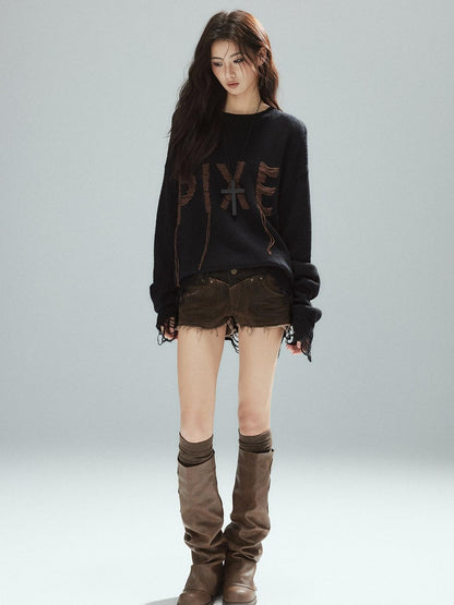 Low pixel Warm Oversized Street Style Distressed Hem Women Black Knit Pullover Sweaters