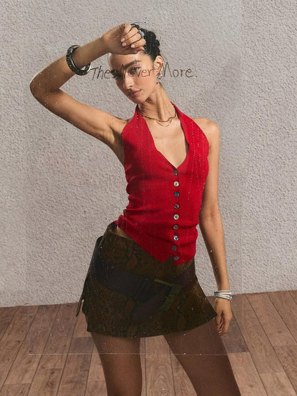 The NeverMore Silky Rayon Backless Halter V-neck Slim Cropped Sexy Women Tank Tops &amp; Camis