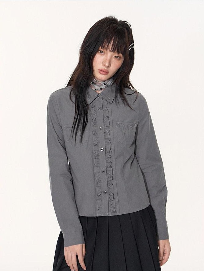 NAPSNAPS Ruffle Trim Pleated Point Collar Patch Pocket Women&