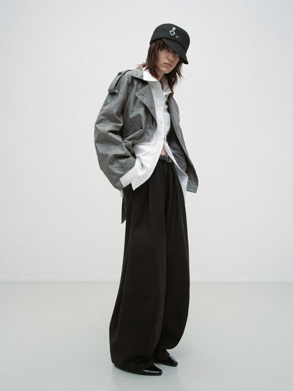 RUN TO THE FUTURE Pleated Minimalist Mid Rise Micro Stretch Casual Loose Fit Black Wide-Leg Pants