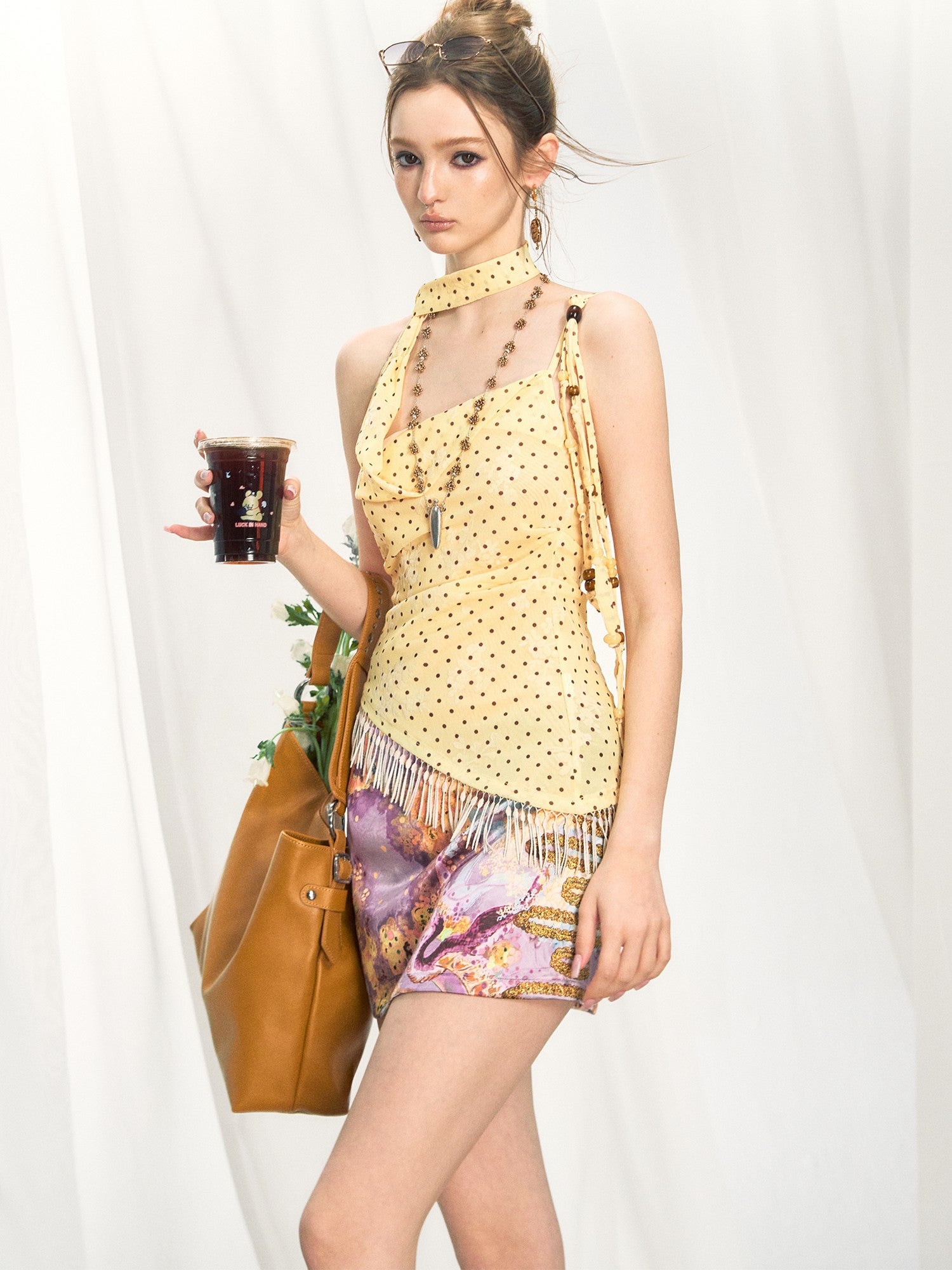 OfAkiva Yellow Polka Dot Printed Asymmetric Tassel Lapel Women&