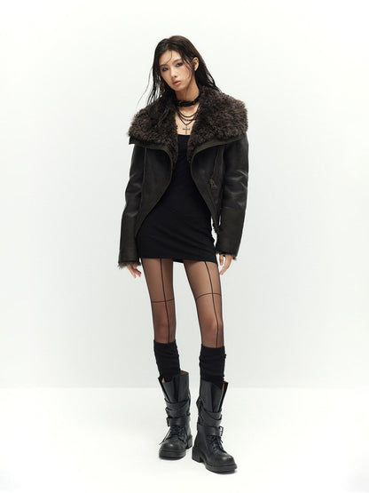 Low pixel Warm Faux Shearling Waisted Gothic Short Zip Women Coffee Cropped Jackets