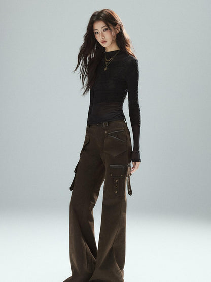 Low pixel Thin Street Slim Fit Faux Two Piece Crew Neck Women Nylon Long Sleeve T-Shirts