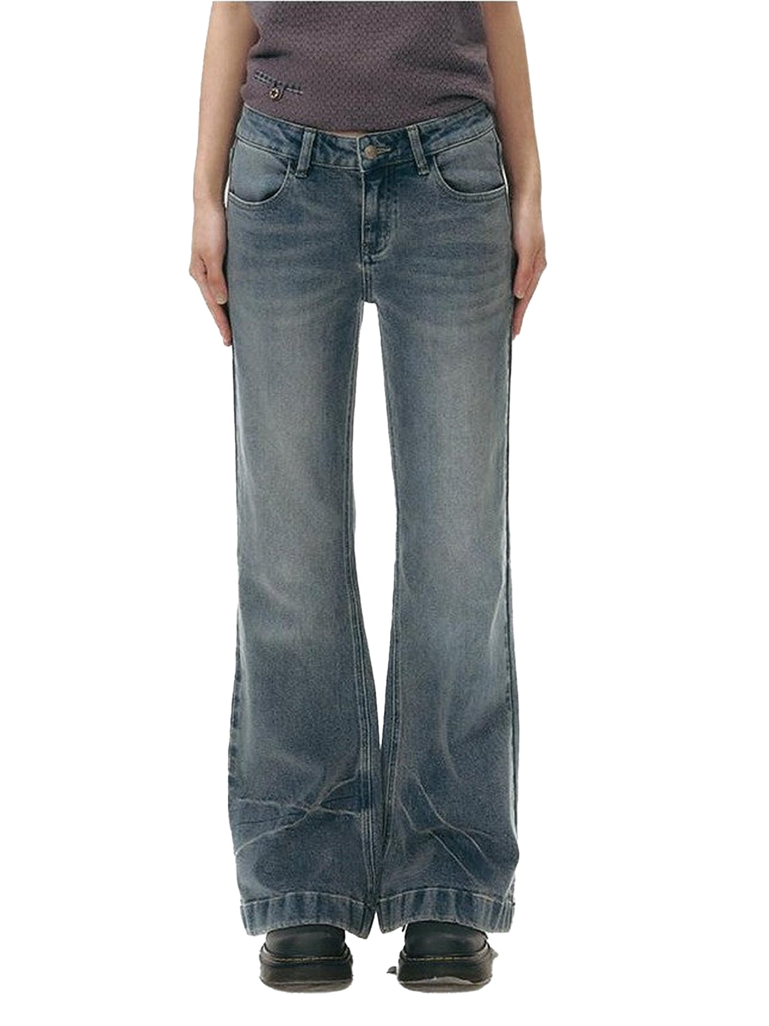 NAPSNAPS Washed Blue Star Embroidered Low Waist Micro Flare Women&