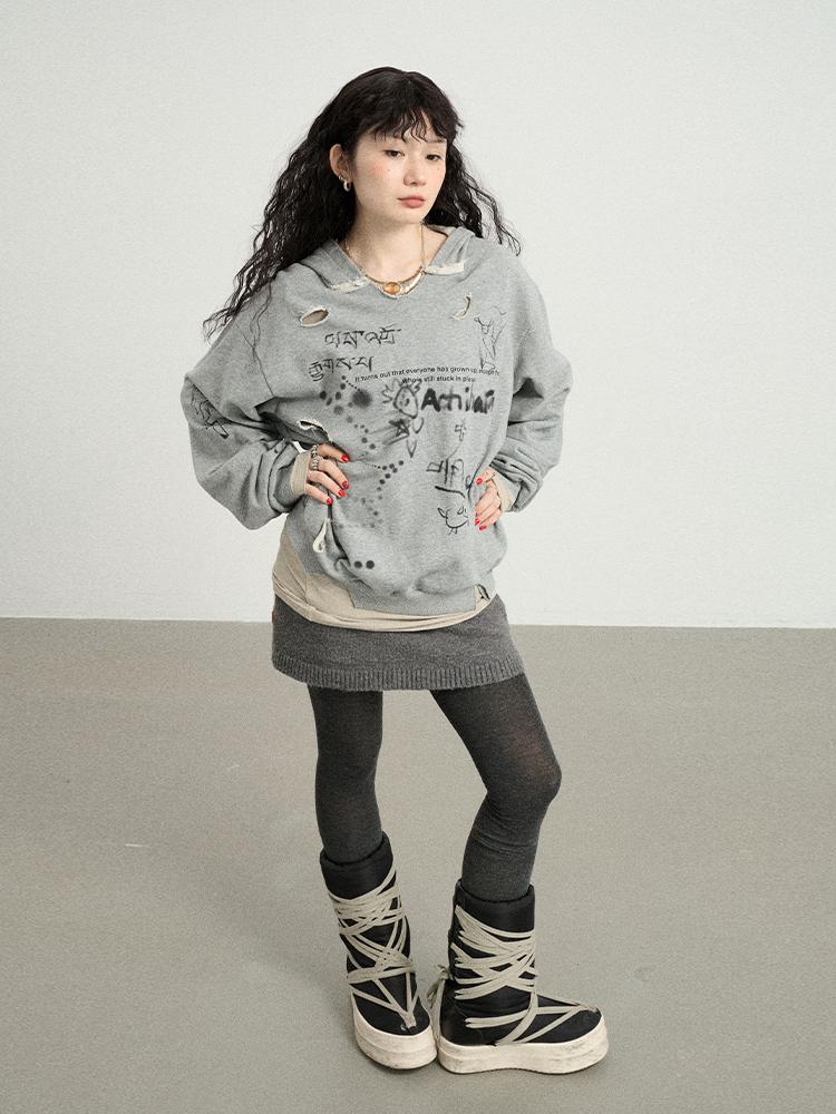 Achihara 2025 New Cartoon Print Hoodie With Ripped Hem Women&