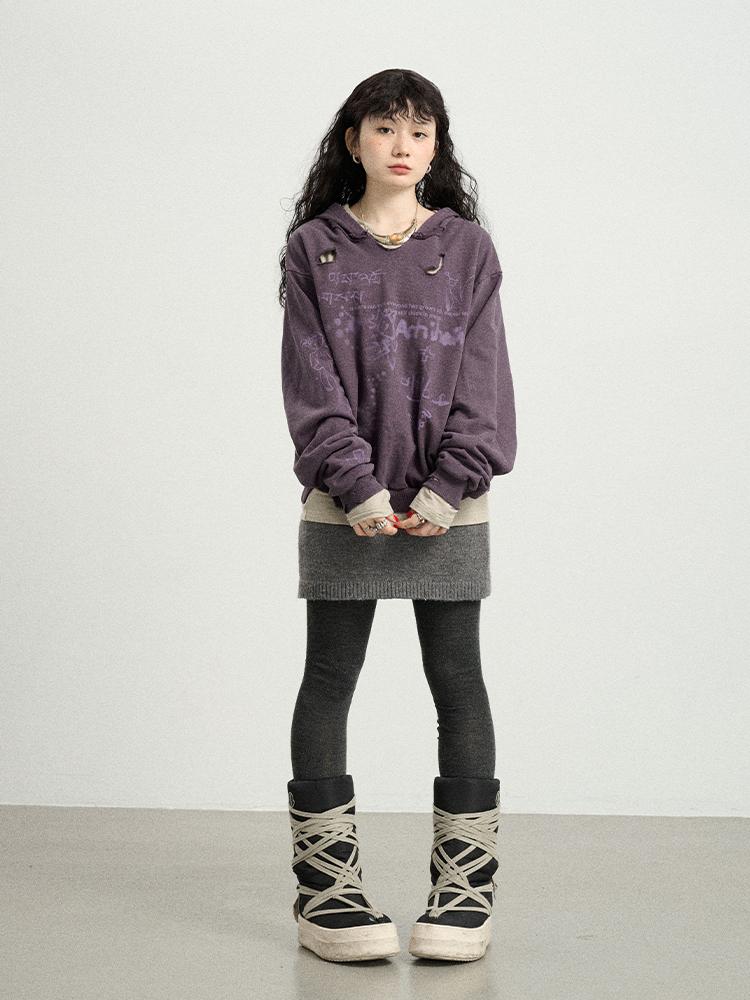 Achihara 2025 New Cartoon Print Hoodie With Ripped Hem Women&