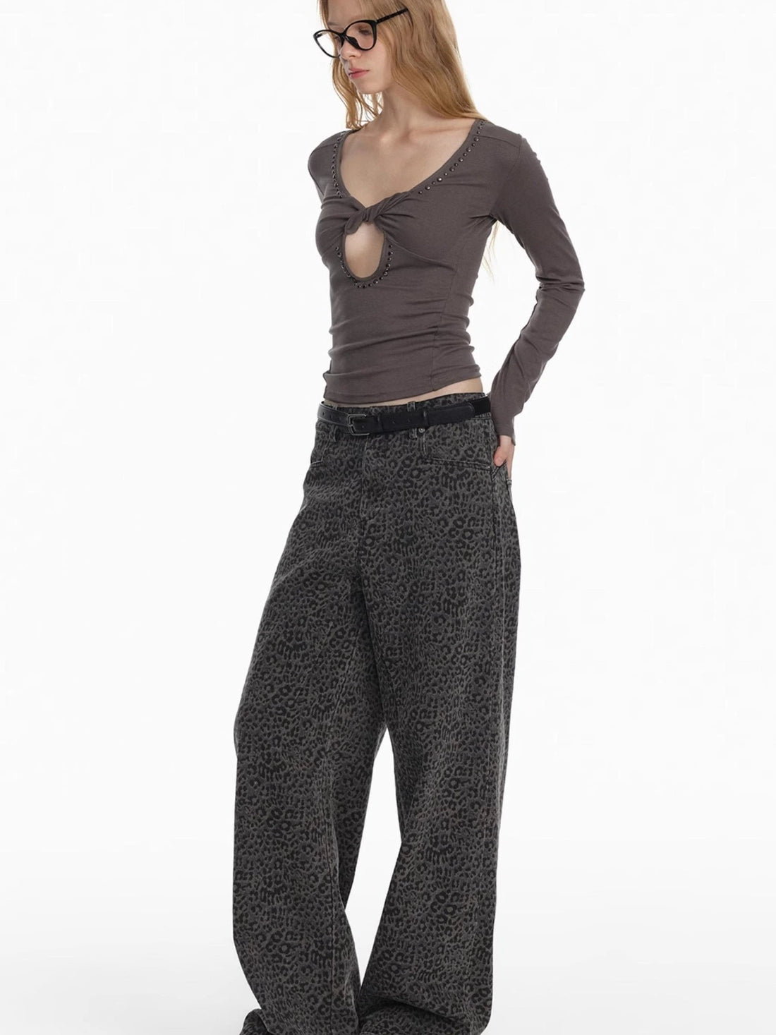 2025 Spring Summer Flared Jeans Women Casual Leopard Print Pants