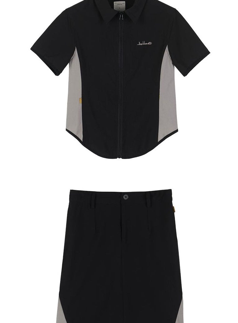 Achihara 2025 Summer Black Spliced Shirt Skirt Set For Women