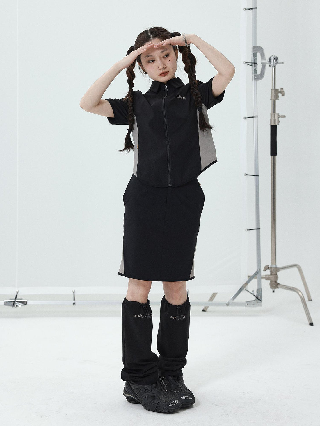 Achihara 2025 Summer Black Spliced Shirt Skirt Set For Women