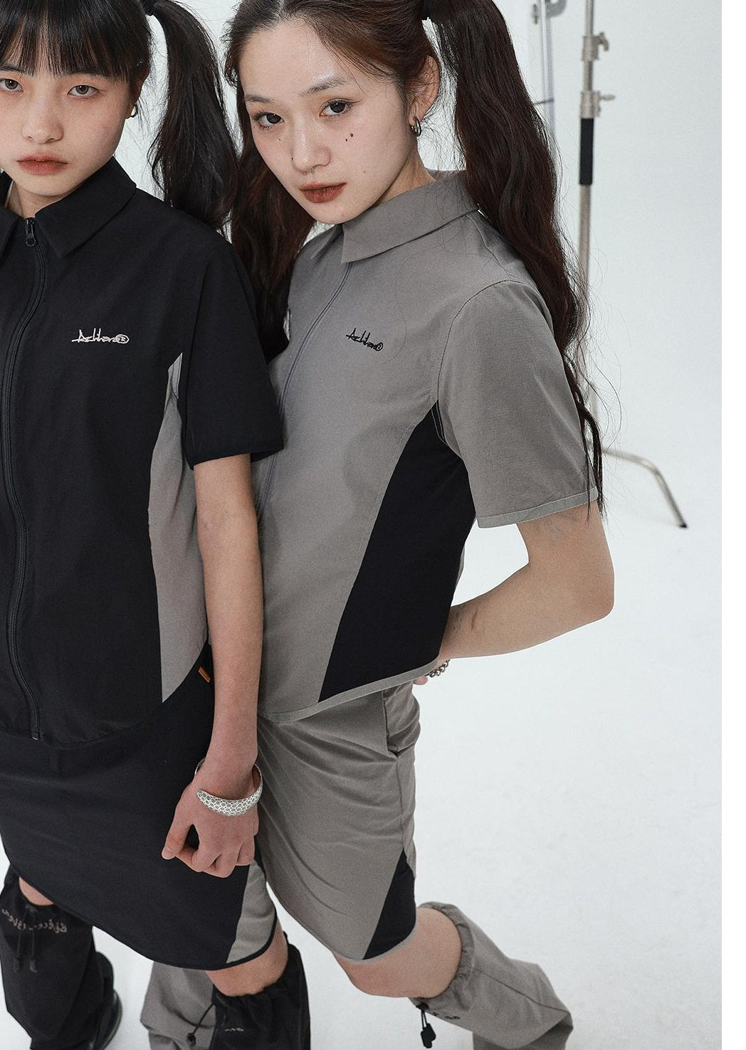 Achihara 2025 Summer Black Spliced Shirt Skirt Set For Women