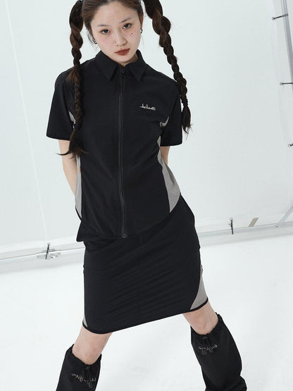 Achihara 2025 Summer Black Spliced Shirt Skirt Set For Women