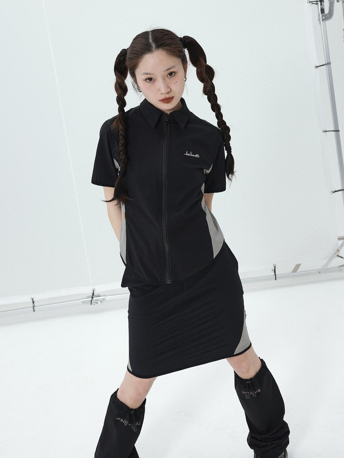 Achihara 2025 Summer Black Spliced Shirt Skirt Set For Women