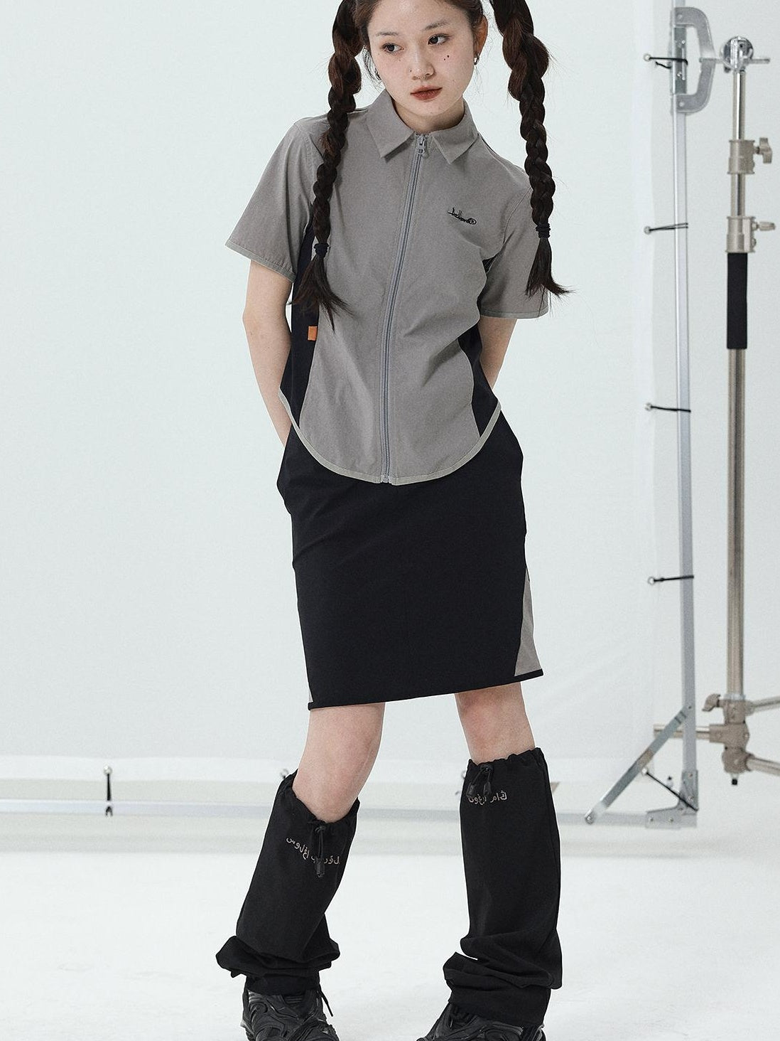 Achihara 2025 Summer Black Spliced Shirt Skirt Set For Women