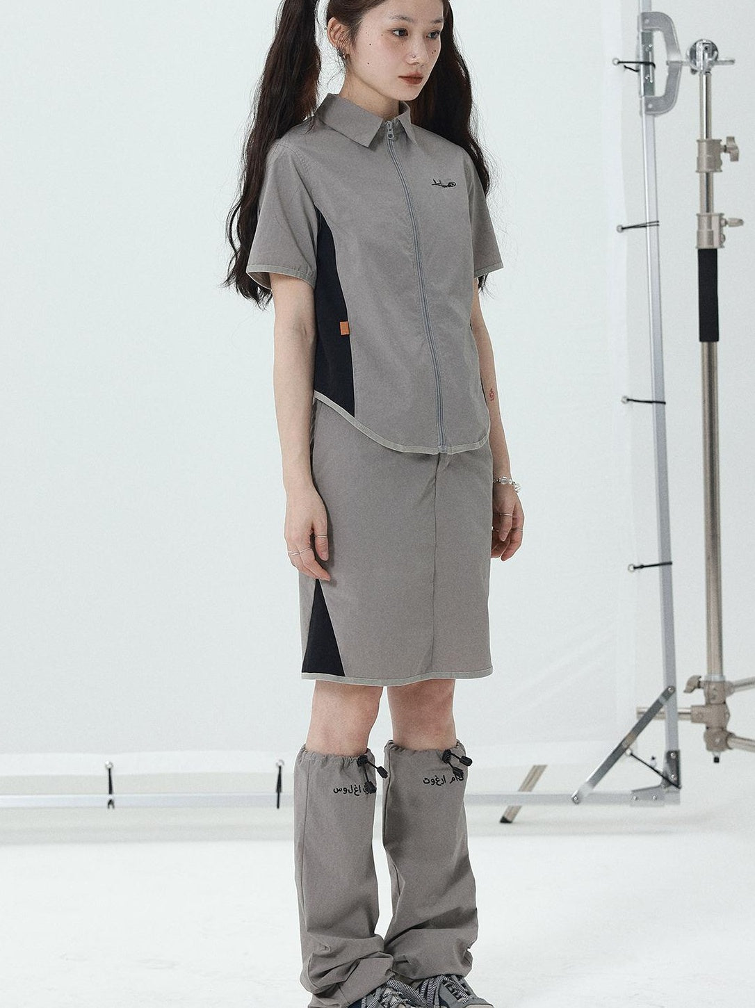 Achihara 2025 Summer Black Spliced Shirt Skirt Set For Women