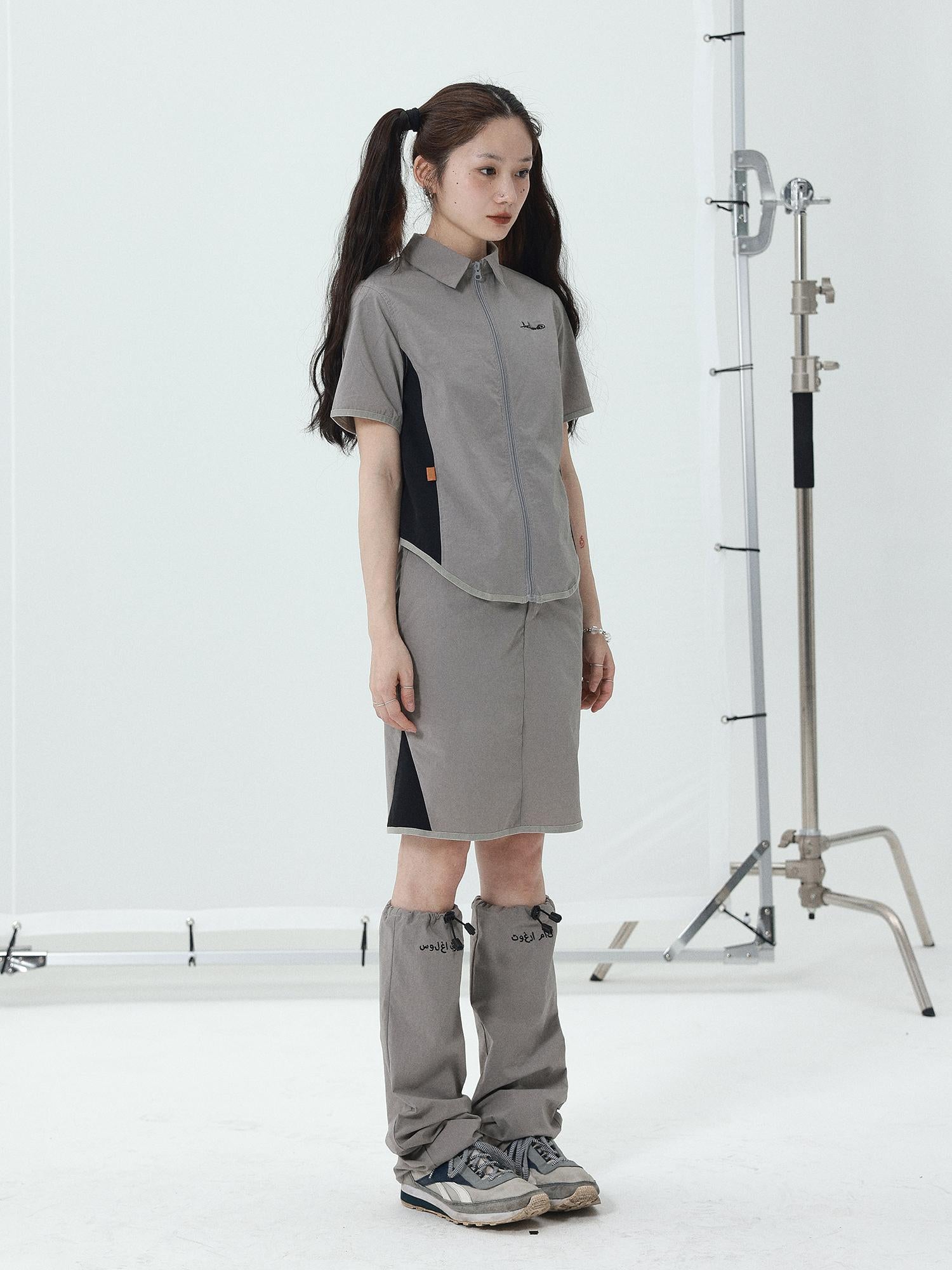 Achihara 2025 Summer Black Spliced Shirt Skirt Set For Women
