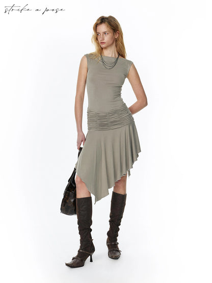 2025 Summer Cool Asymmetrical Ruffle Midi Dress