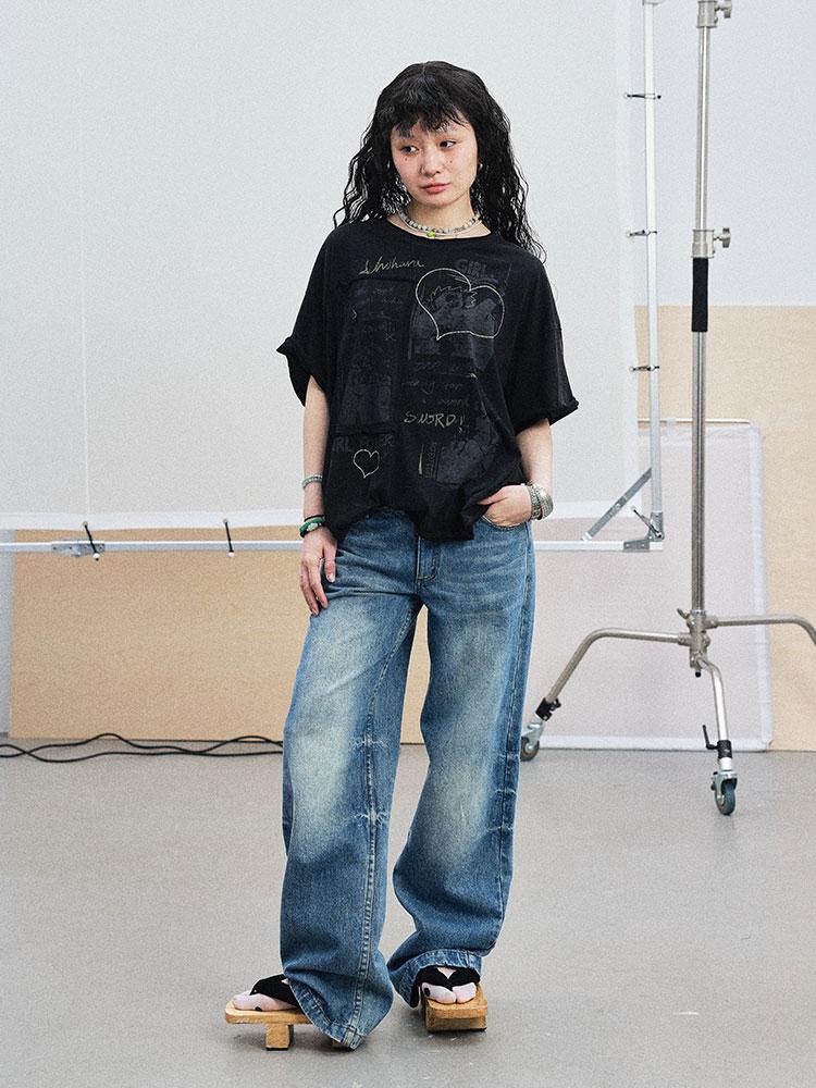 Achihara 2025 White Black Summer Rolled Sleeve T-Shirt