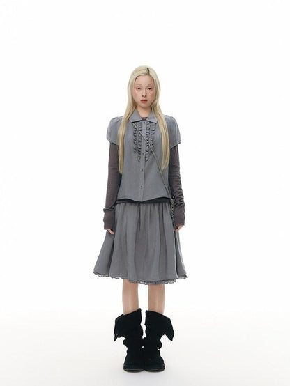 NAPSNAPS Gray Blue Lace Puff Sleeves Cardigan Women&