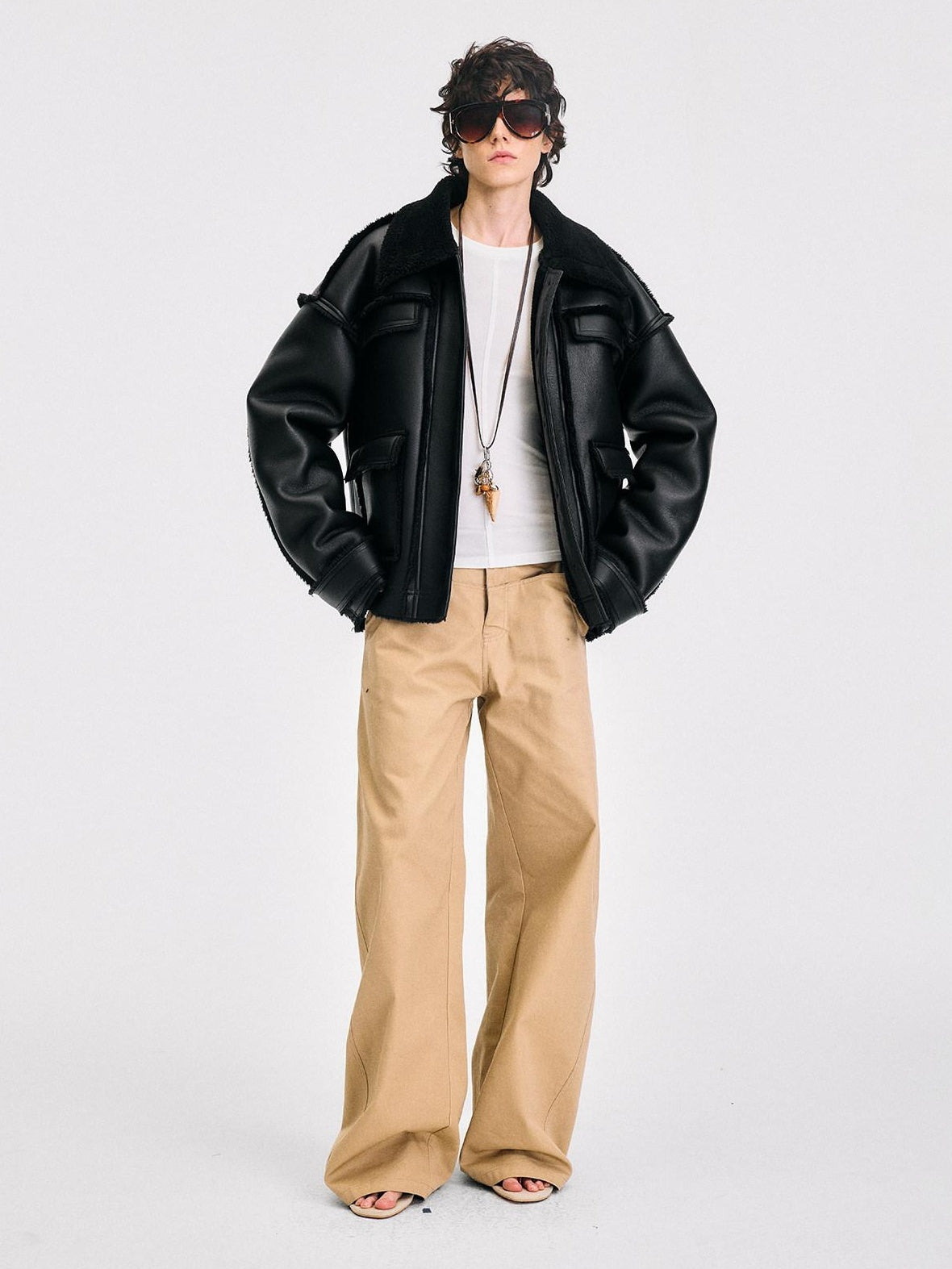 RUN TO THE FUTURE Leopard Patchwork Casual Loose Straight Leg Mid Rise Zip Fly Cotton Khaki Chinos