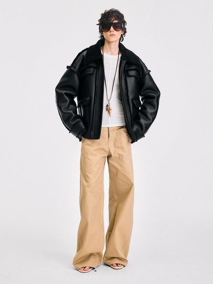 RUN TO THE FUTURE Leopard Patchwork Casual Loose Straight Leg Mid Rise Zip Fly Cotton Khaki Chinos