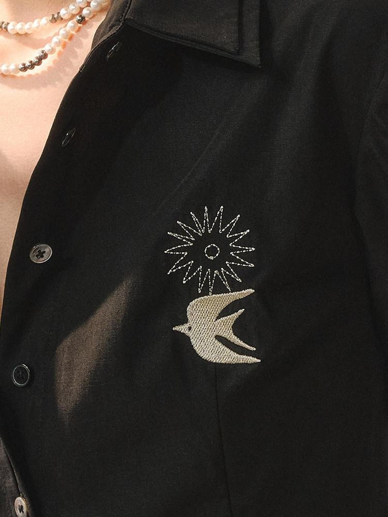 AnnoMundi Embroidered Lyocell Lace Slim Fit Double Collar Long Sleeve Women Black Blouses